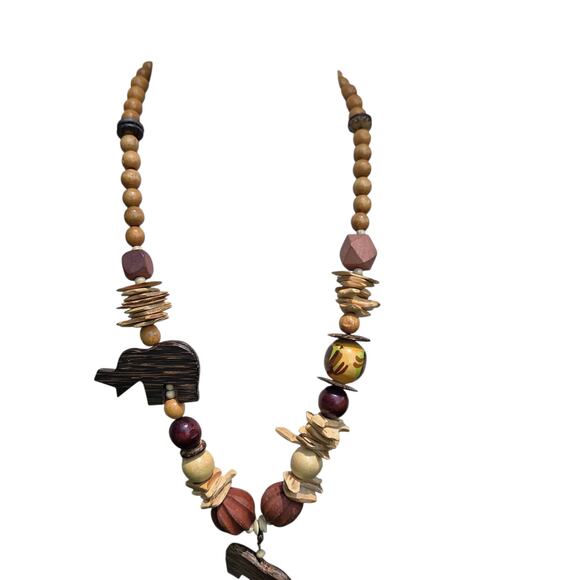 VTG 70s Boho Tribal Necklace Wood Beads Carved Elephant Pendant Earthy Artisan - Picture 13 of 14
